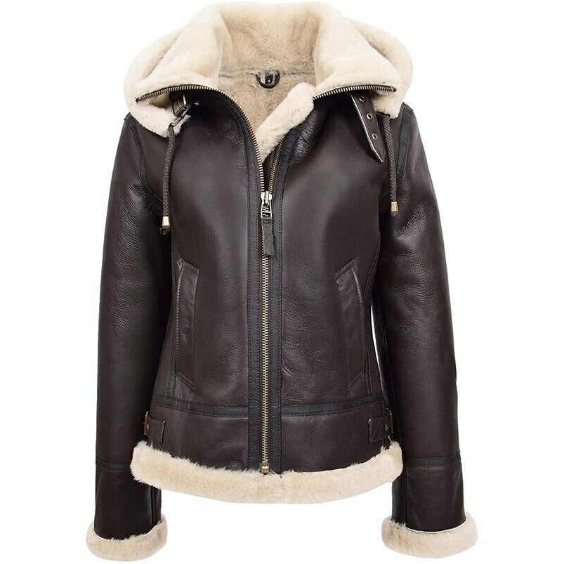 Women's B3 Pilot Aviator Real Sheepskin Flying Jacket Brown Hooded Jacket