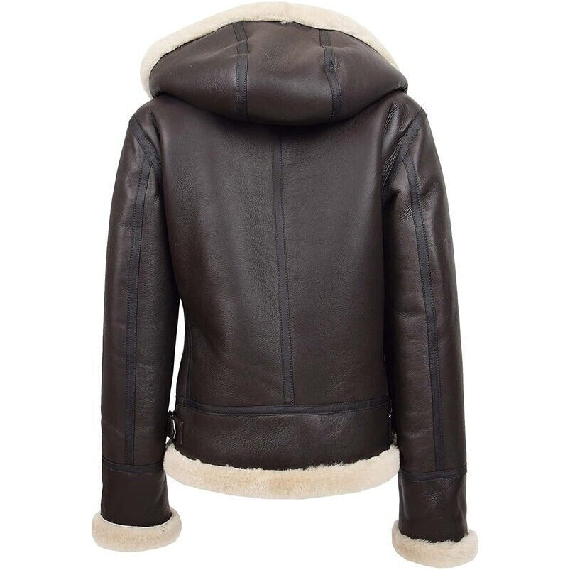 Women's B3 Pilot Aviator Real Sheepskin Flying Jacket Brown Hooded Jacket