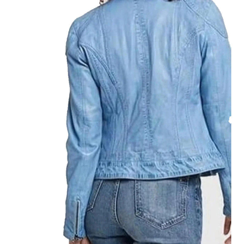 Women's Baby Blue Genuine Lambskin Soft Leather Biker Jacket