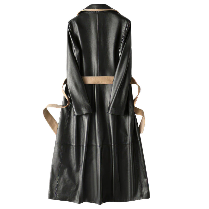 Women’s Black Genuine Sheepskin Trench Coat Brown Stripped Classic Style