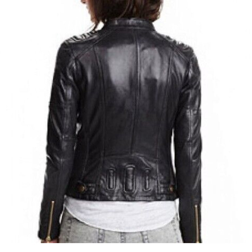 Women's Black Slim Fit Biker Bomber Leather Jacket