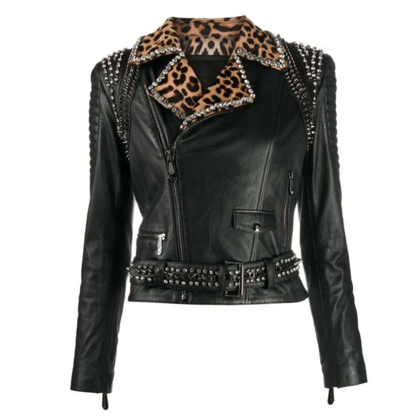 Women's Black Spike stud Leopard print Biker Jacket