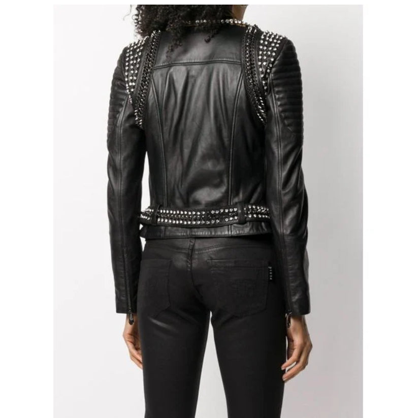 Women's Black Spike stud Leopard print Biker Jacket