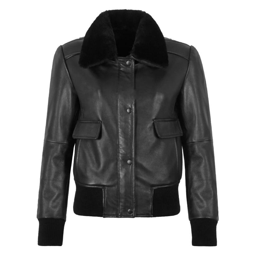 Women's Bomber Jacket Sheepskin Collar B3 RAF Short Body Lambskin Leather Jacket