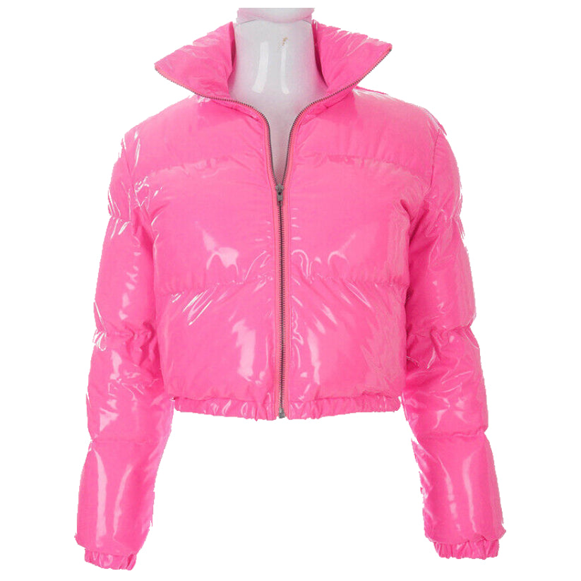 Women's Bright Pu Puffer Jackets Warm Bubble Coat Down Parkas Zipper Crop Jacket