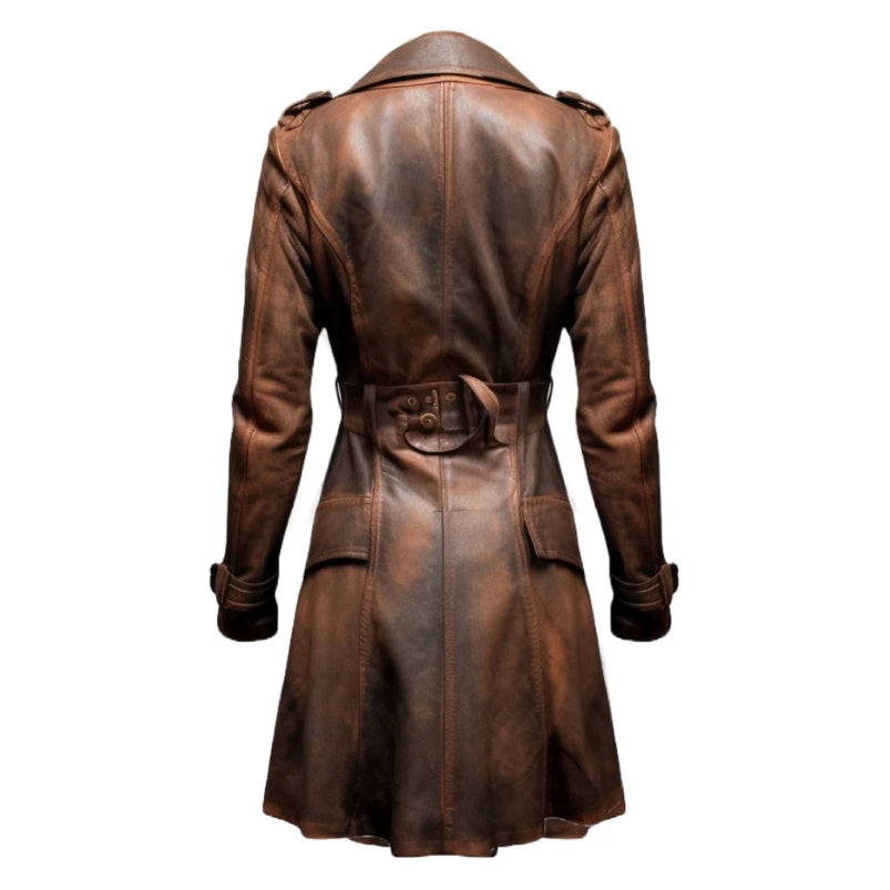 Women's Brown Vintage Leather Trench Coat