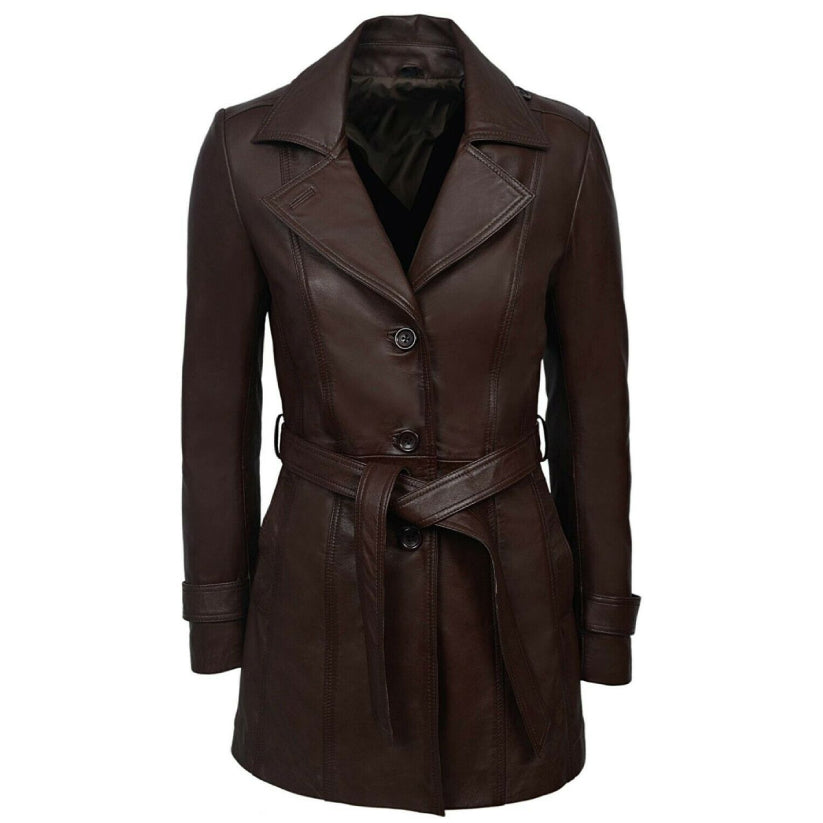 Women's Dark Brown Trench Belted Leather Coat