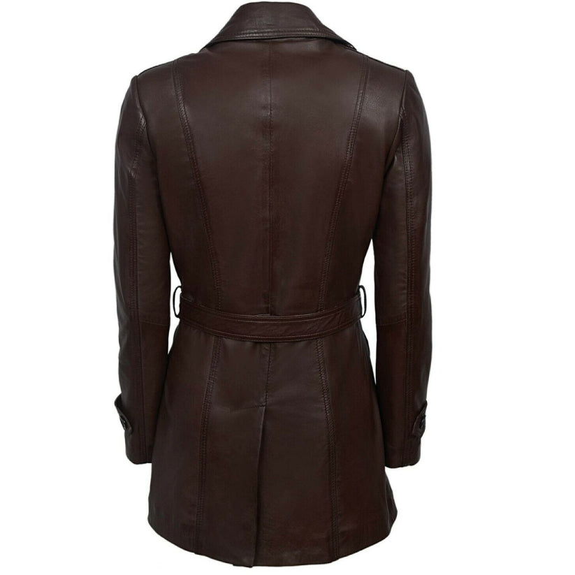 Women's Dark Brown Trench Belted Leather Coat