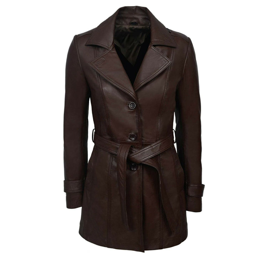 Women's Dark Brown Trench Belted Leather Coat