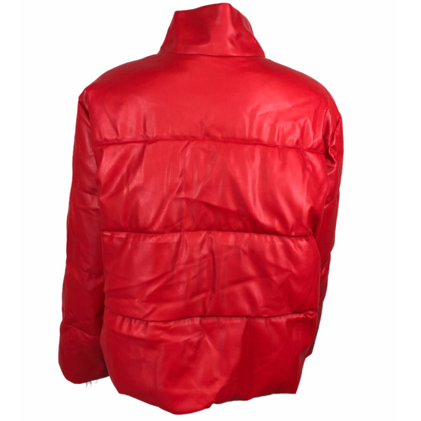 Women's Faux Leather Zip Front Puffer Jacket Solid Red
