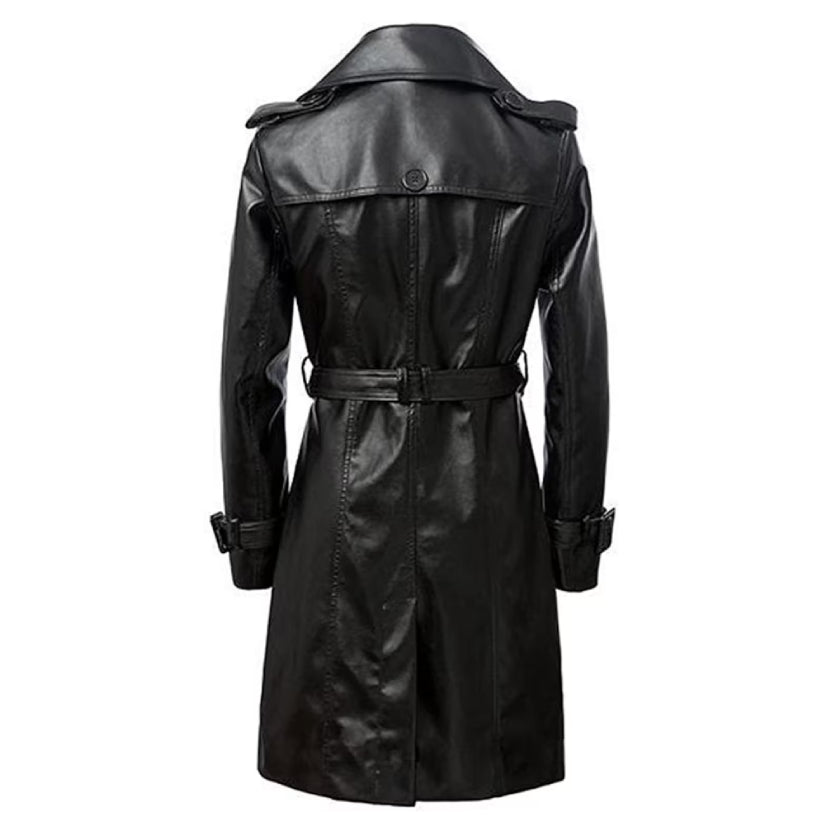 Women's Genuine Lambskin Leather Black Trench Coat