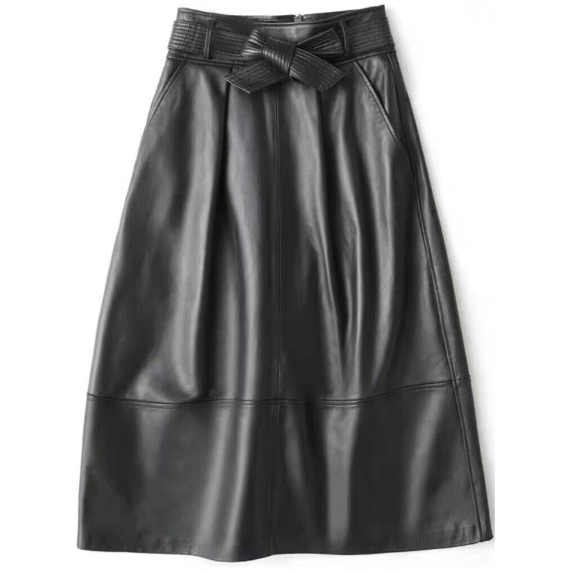 Women's Genuine Lambskin Leather Line Skirt