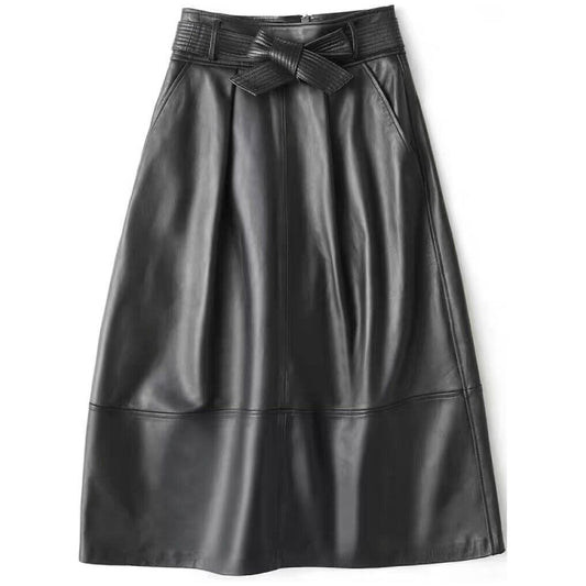 Women's Genuine Lambskin Leather Line Skirt