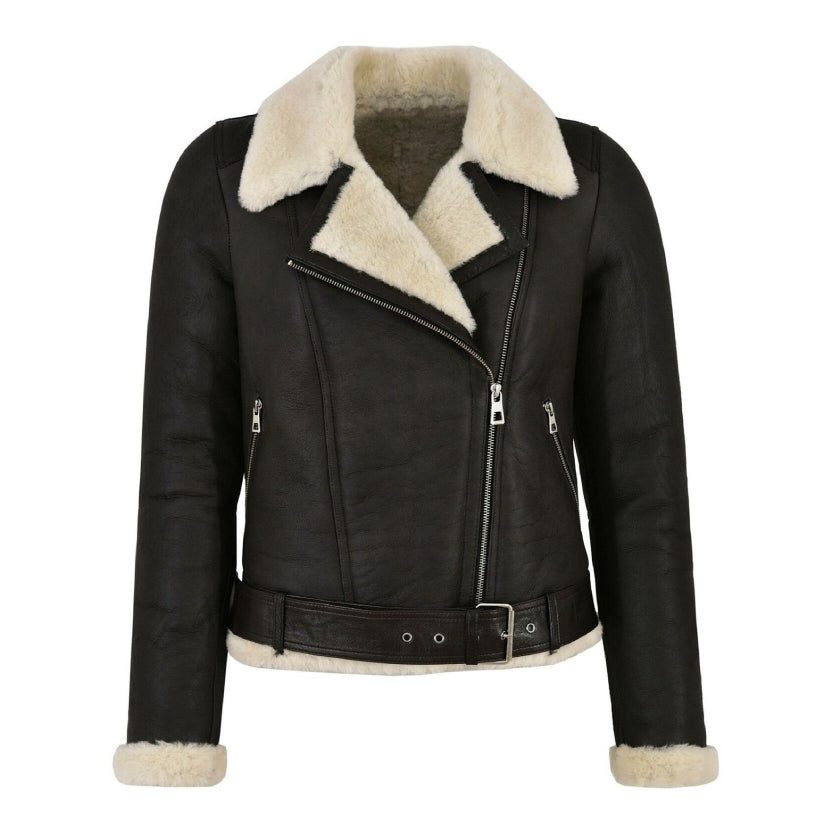 Women's Genuine Leather Faux Fur Shearling Biker Jacket