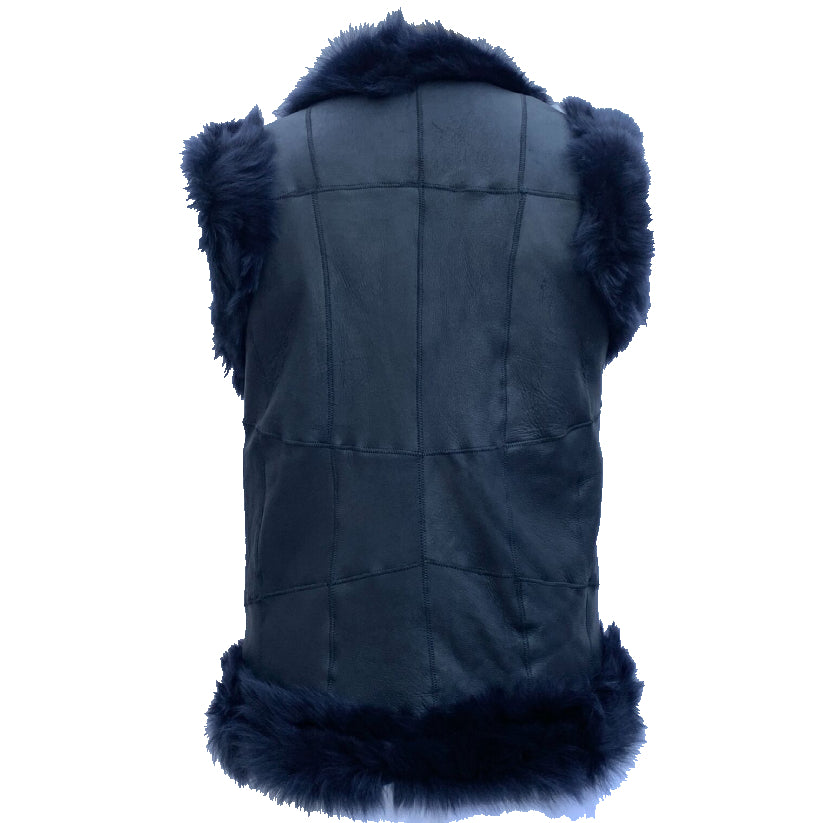 Women's Genuine Shearling Sheepskin Leather Fur Blue Vest