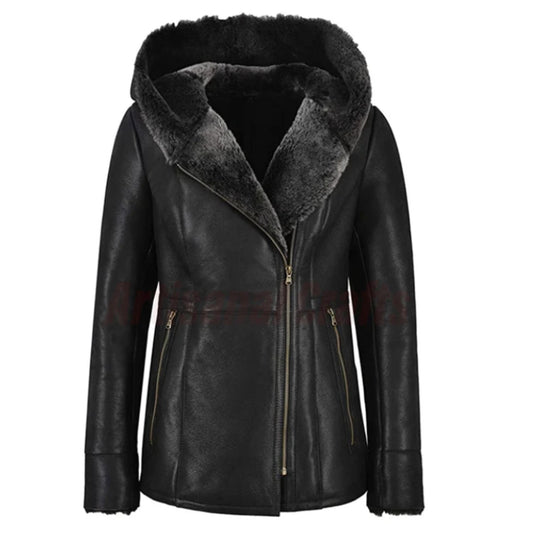 Women's Hooded Genuine Leather Fur Shearling Jacket