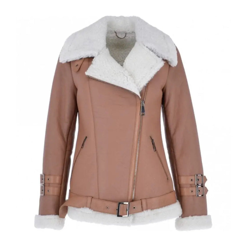 Women’s Light Tan Side Zip Sheepskin Pilot Leather Jacket