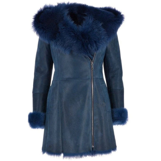 Women's Luxury Sheepskin Royal Blue Fur Hoodie Coat