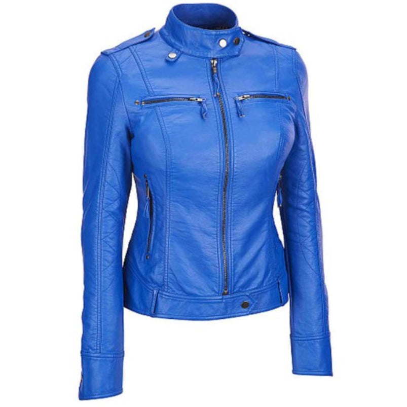 Women's Motorcycle Elegant Blue Leather Jacket