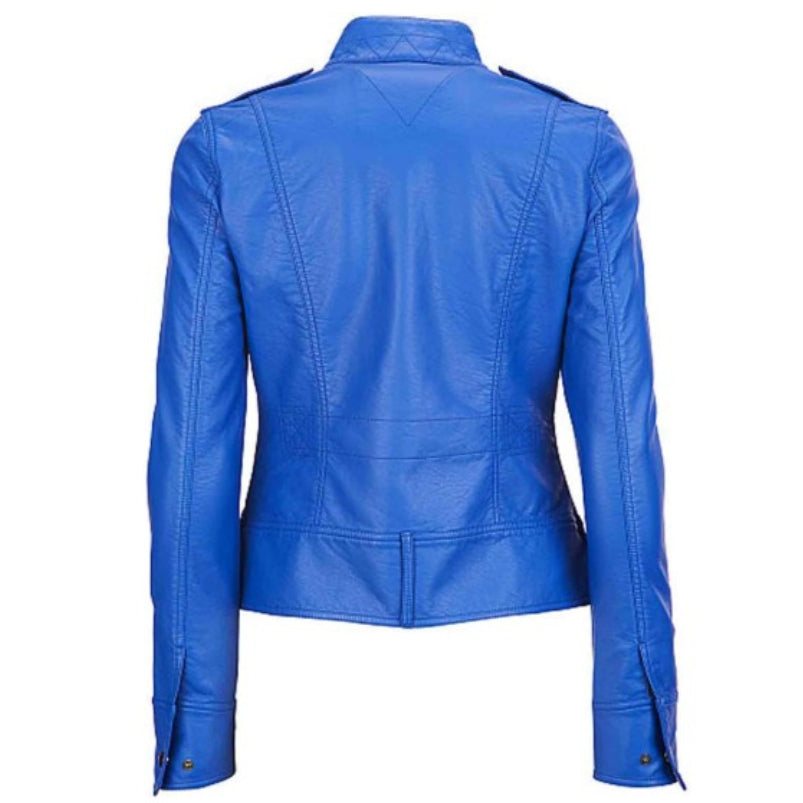 Women's Motorcycle Elegant Blue Leather Jacket