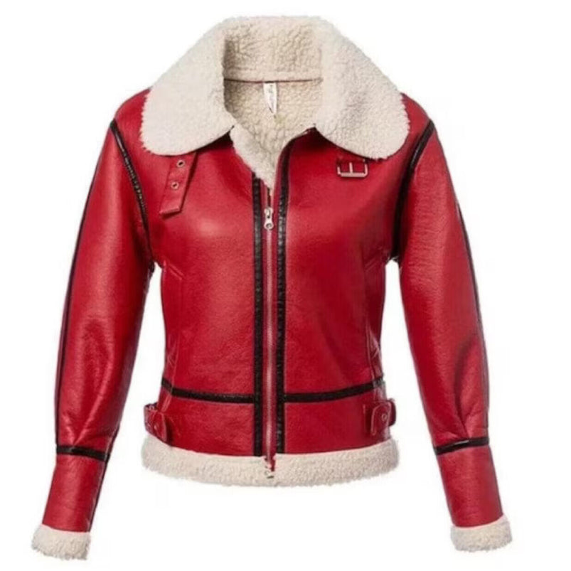 Women's Red Shearling Leather Jacket