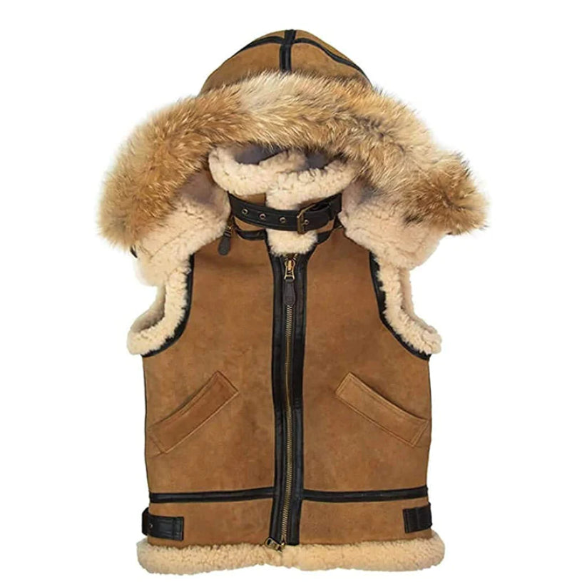Women's Tan Hooded B-3 Suede Leather Shearling Vest
