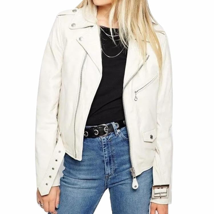 Women's White Moto-Style Leather Biker Jacket