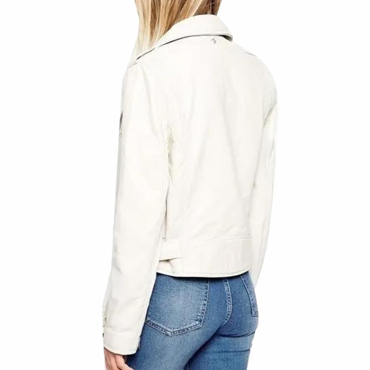 Women's White Moto-Style Leather Biker Jacket
