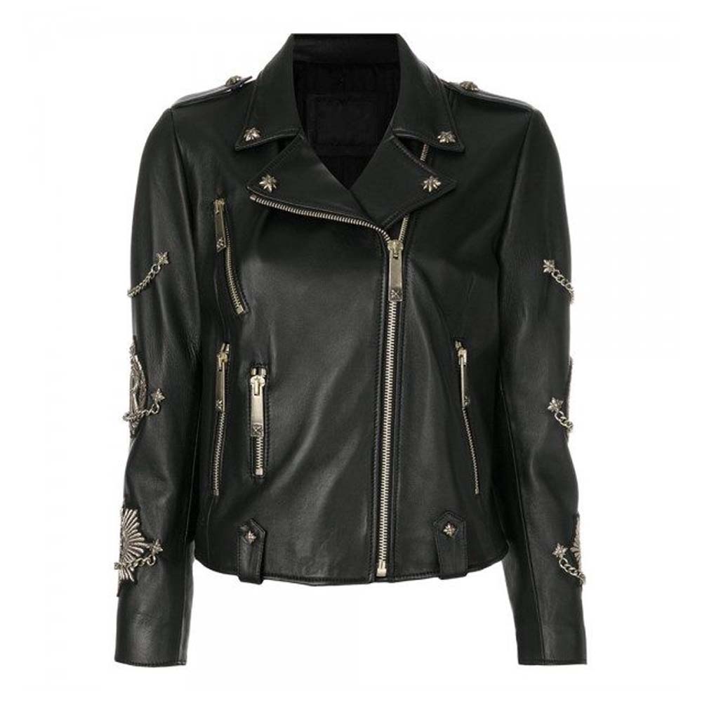 Womens Black Celebrity Zipped Leather Jacket