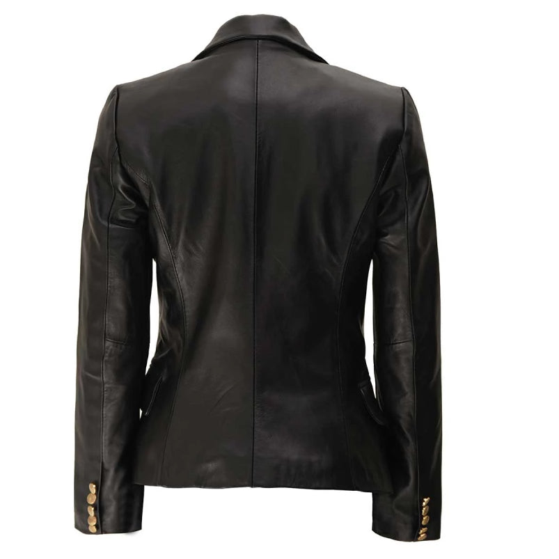 Womens Black Leather Double Breasted Blazer
