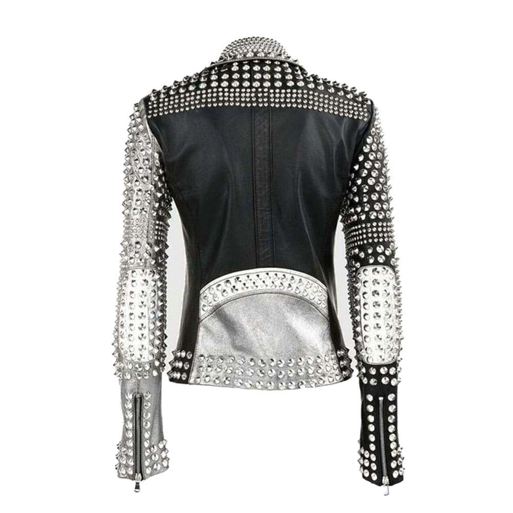 Womens Black Silver Studded Zippered Leather Jacket