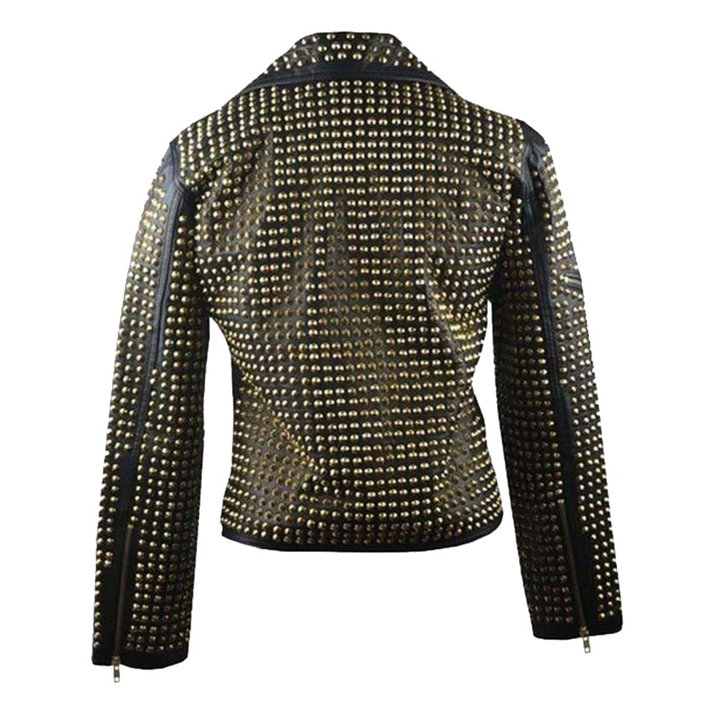 Womens Black Stylish Golden Studded Leather Jacket