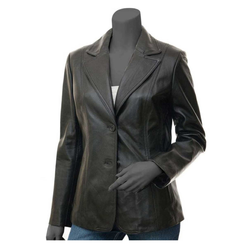 Women Double Breasted Black Leather Blazer