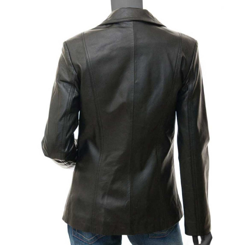 Women Double Breasted Black Leather Blazer
