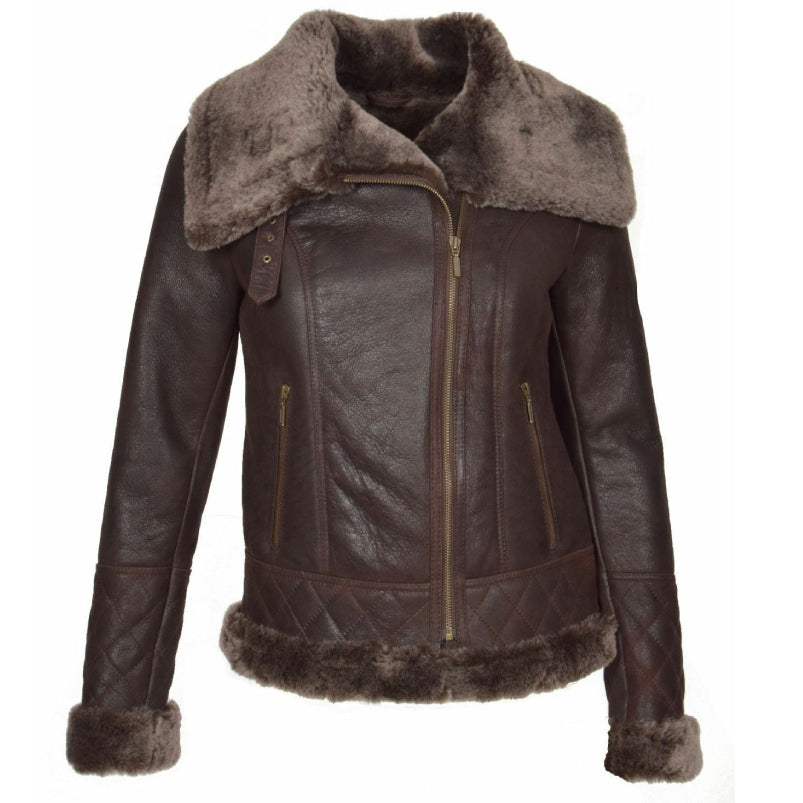 Womens Genuine Lamb Fur Lined Shearling Leather Jacket