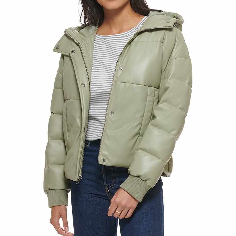Womens Green Faux Leather Puffer Jacket