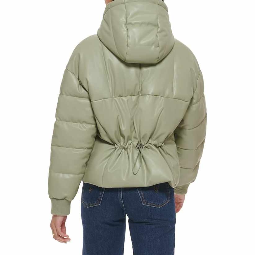 Womens Green Faux Leather Puffer Jacket