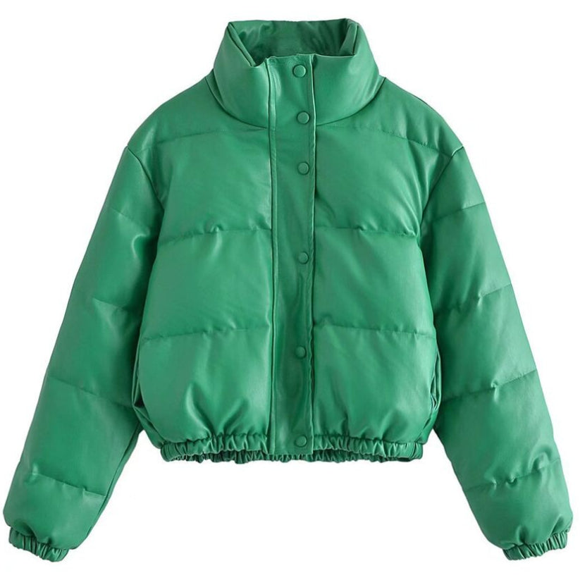 Womens Leather Stand Collar Loose Padded Puffer Jacket Short Quilted Outwear