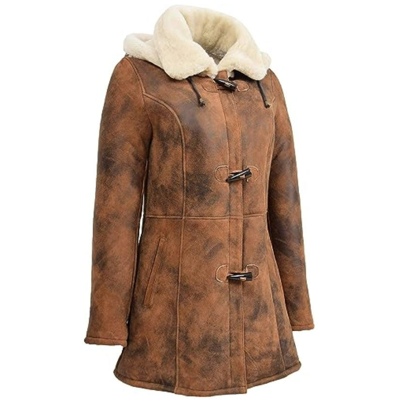 Womens Long Hooded Shearling Jacket