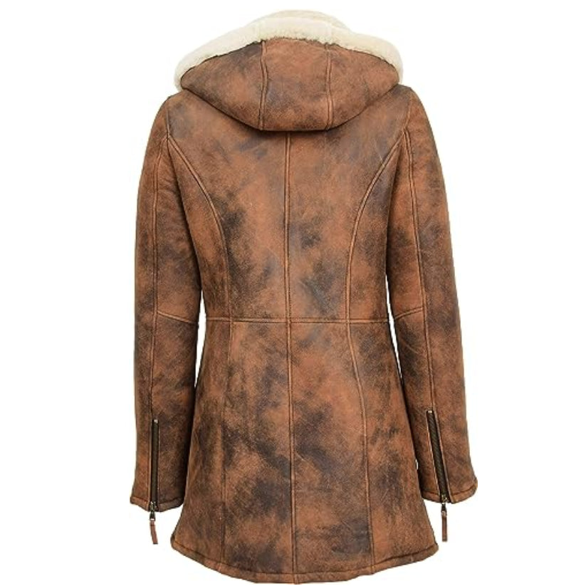 Womens Long Hooded Shearling Jacket