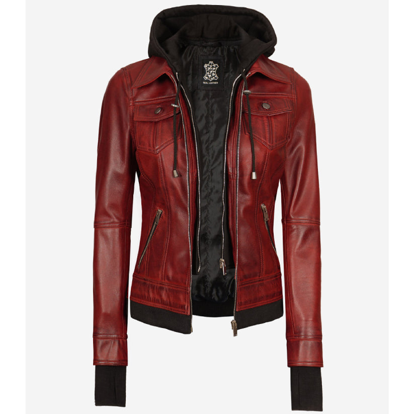 Womens Maroon Bomber Leather Jacket With Removable Hood