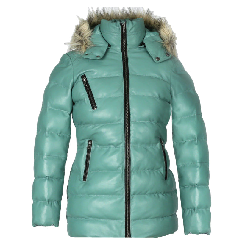 Womens Puffer Leather Jacket with Fur Hoodie