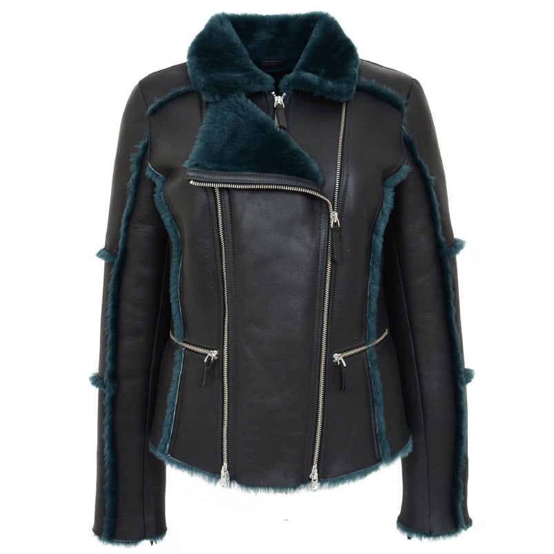 Womens Real Sheepskin Jacket Black Merino Green Shearling Designer Aviator