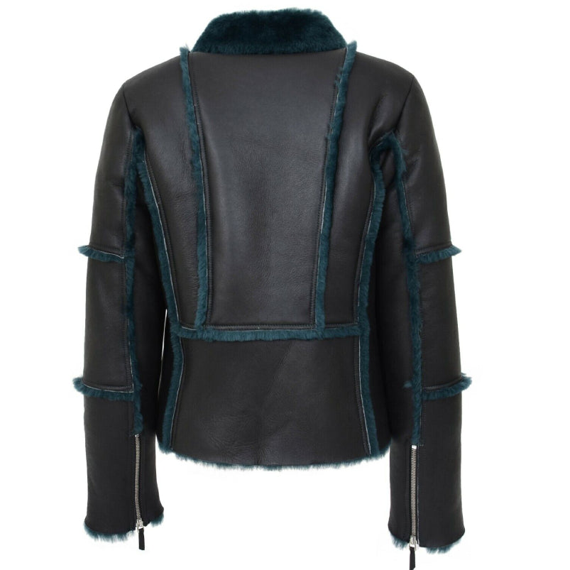 Womens Real Sheepskin Jacket Black Merino Green Shearling Designer Aviator