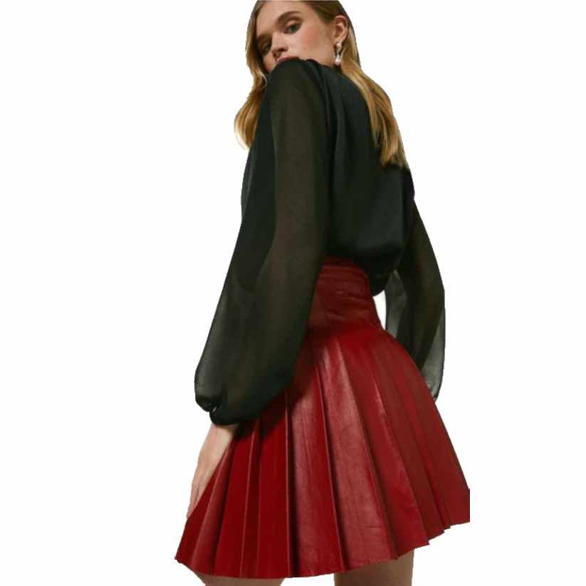 Womens Red Leather Buckle Kilt Skirt
