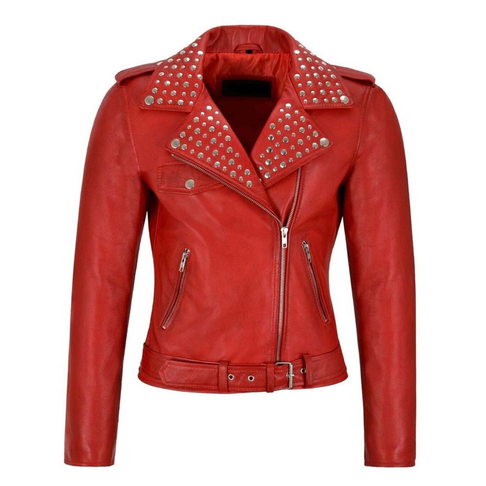Womens Red Motorcycle Leather Biker Jacket studded