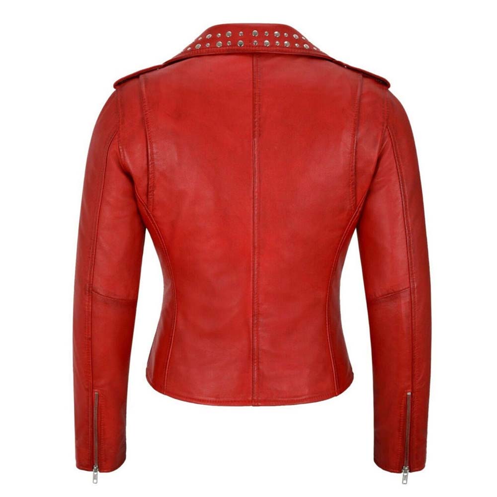 Womens Red Motorcycle Leather Biker Jacket studded