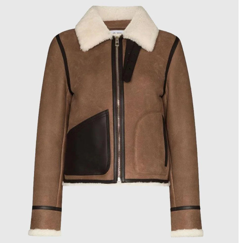 Womens Shearling Brown Aviator Leather Jacket