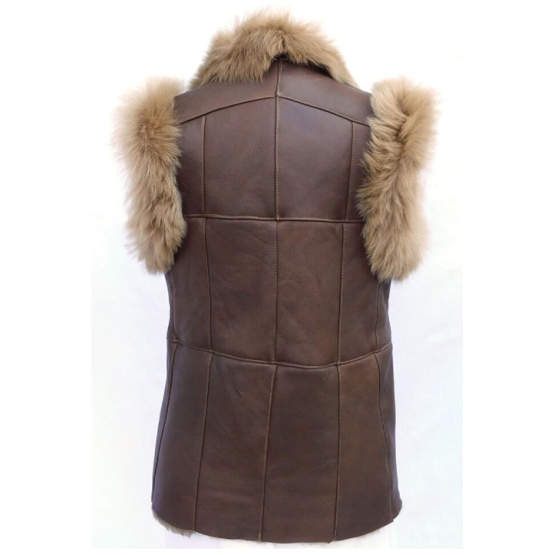 Womens Shearling Goat Fur Brown Leather Vest