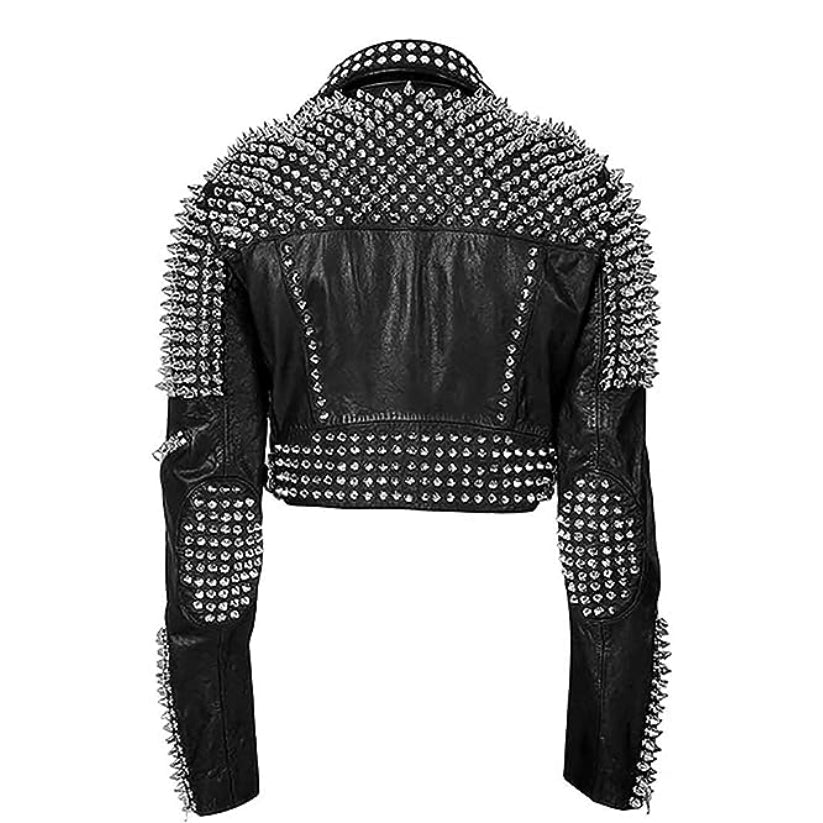 Womens Studded Fringe Biker Black Motorcycle Leather Jacket